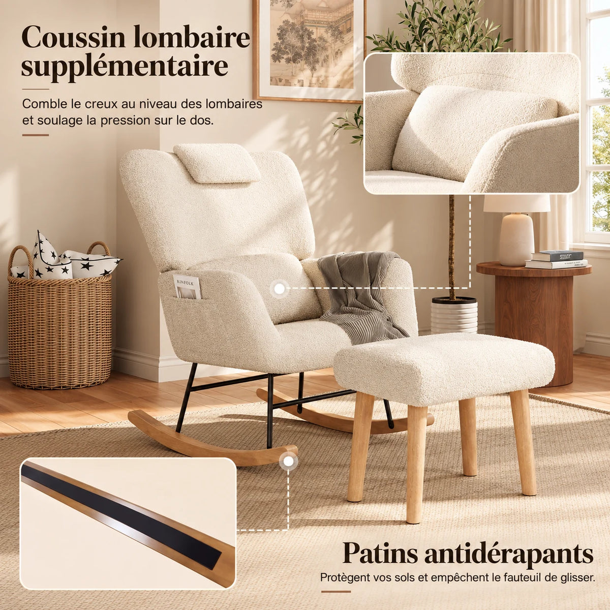 NELVA, rocking chair ergonomique allaitement en tissu teddy, photo 3