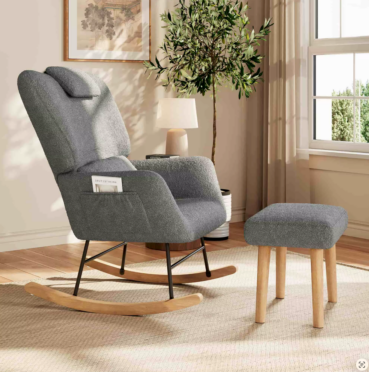 NELVA, rocking chair ergonomique allaitement en tissu teddy gris, autre vue