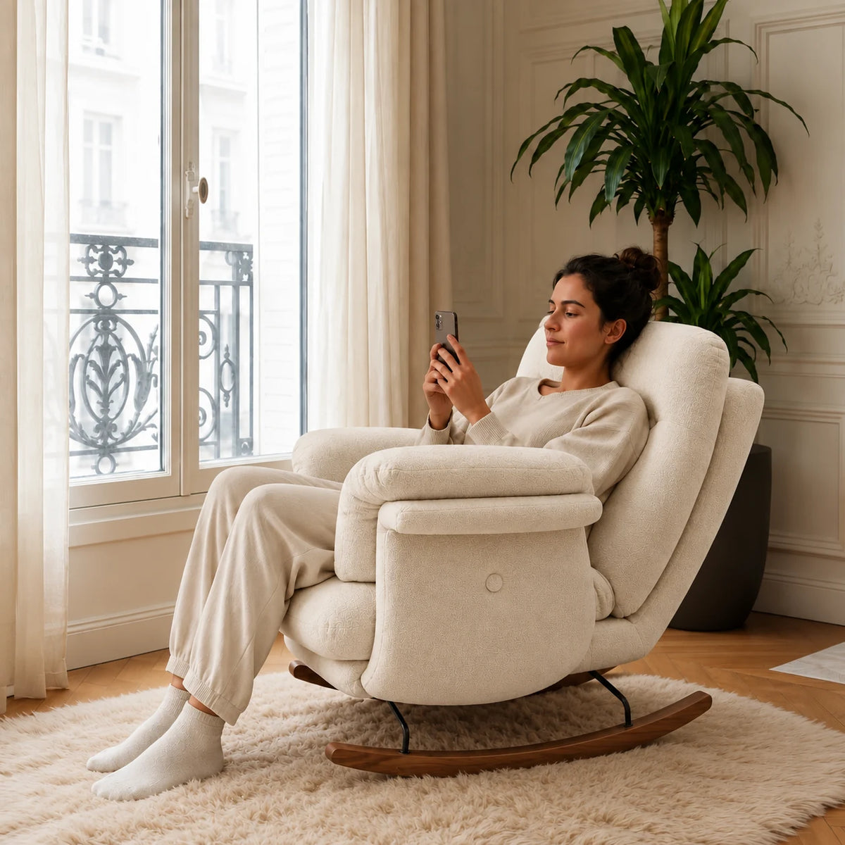 NIMBA, rocking chair cocon XXL en chenille inclinable, photo 1