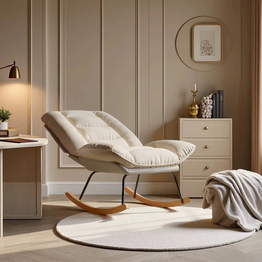 Rocking Chair Design Inclinable en Lin Beige & Bois de Hêtre | SLOWEN
