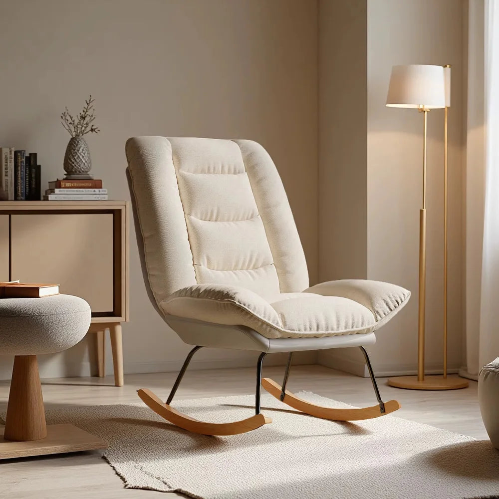 Rocking Chair Design Inclinable en Lin Beige & Bois de Hêtre | SLOWEN