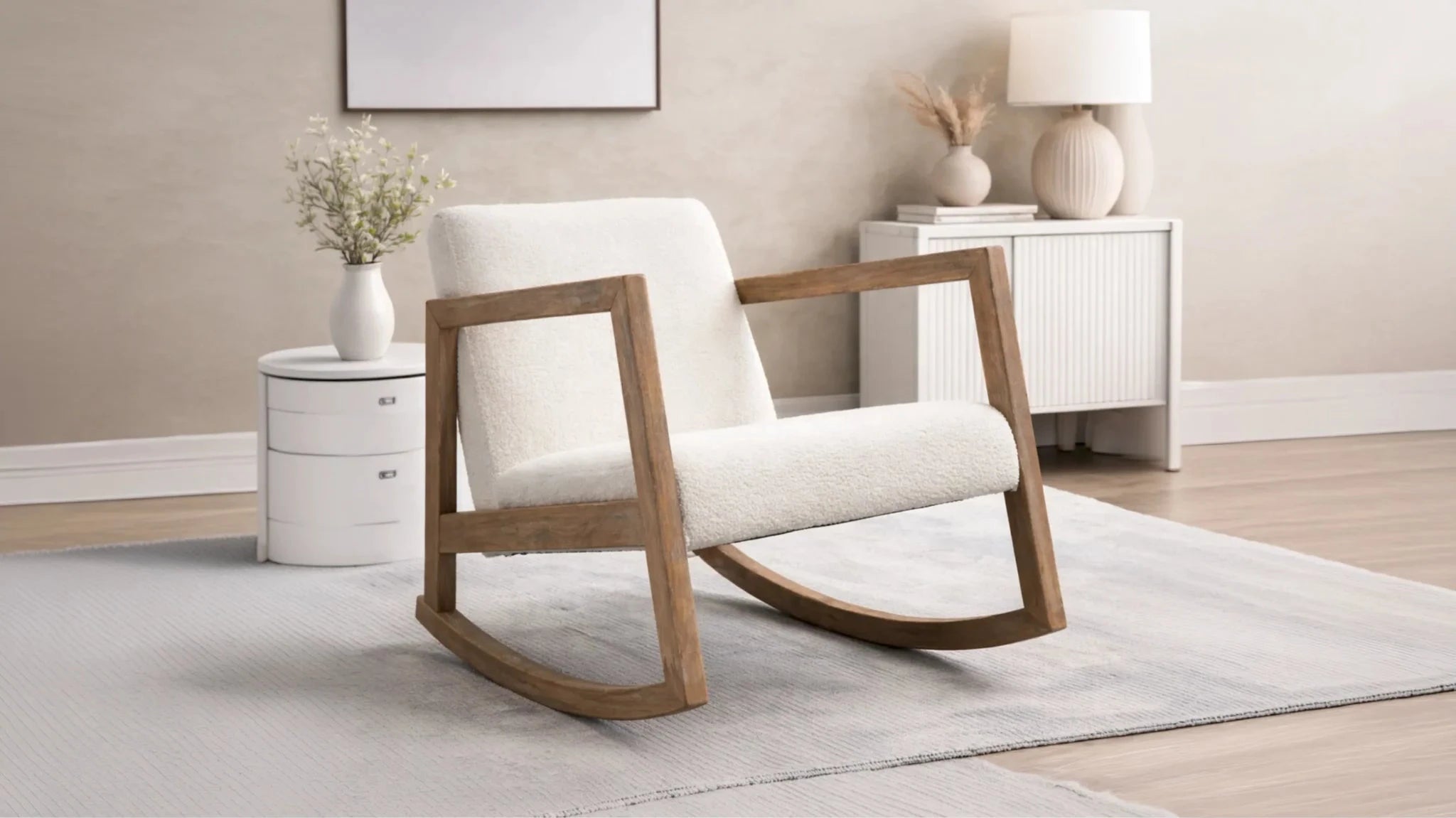 Chaise rocking chair bois tissu blanc design minimaliste salon moderne