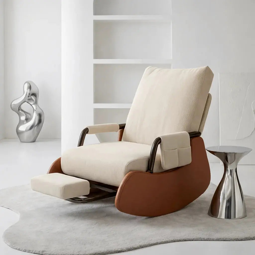 ALORA - Rocking Chair Design Velours Côtelé & Bois Massif - Oscille
