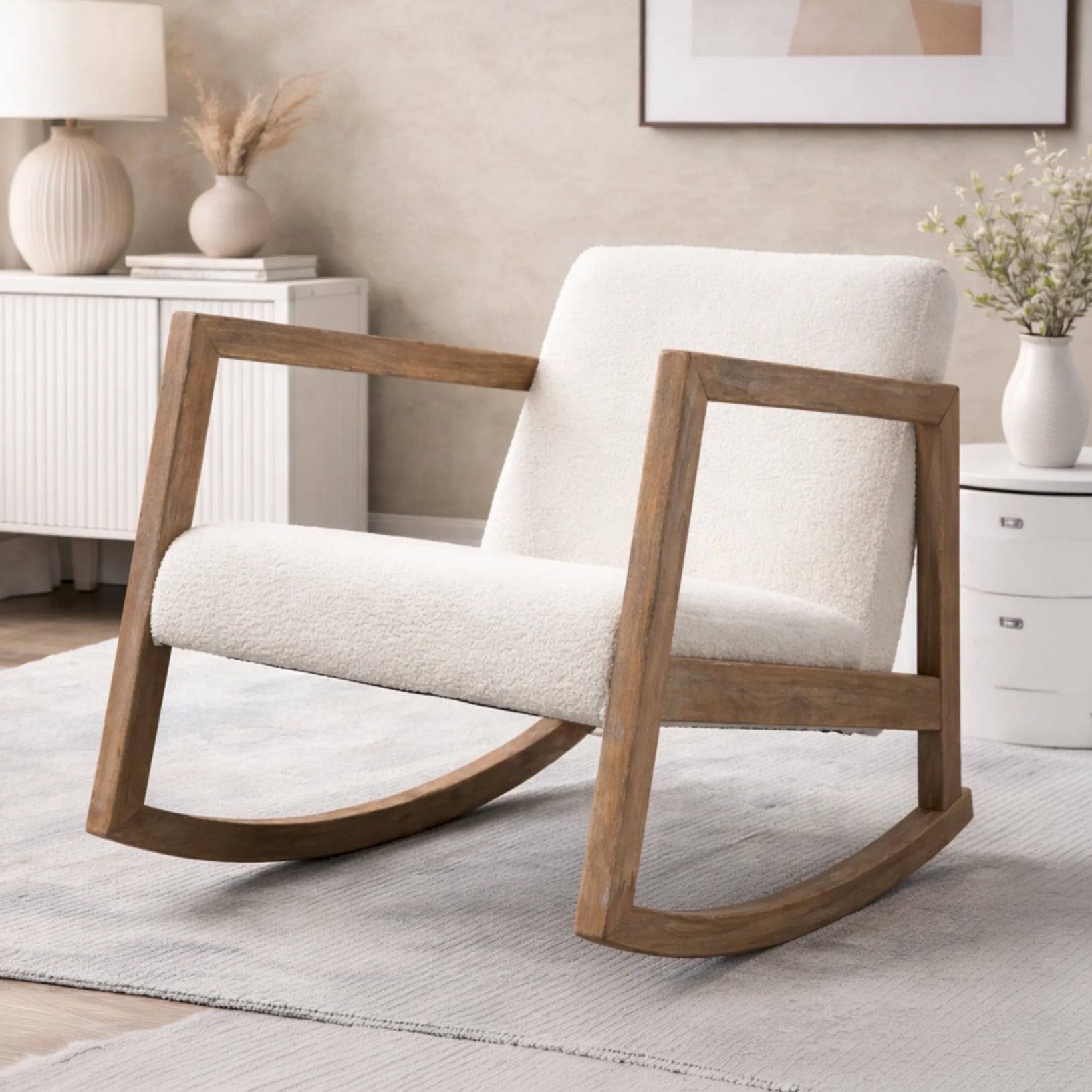 Rocking Chair Design Nordique en Bois d’Hévéa & Tissu Bouclette Crème | NORDEN