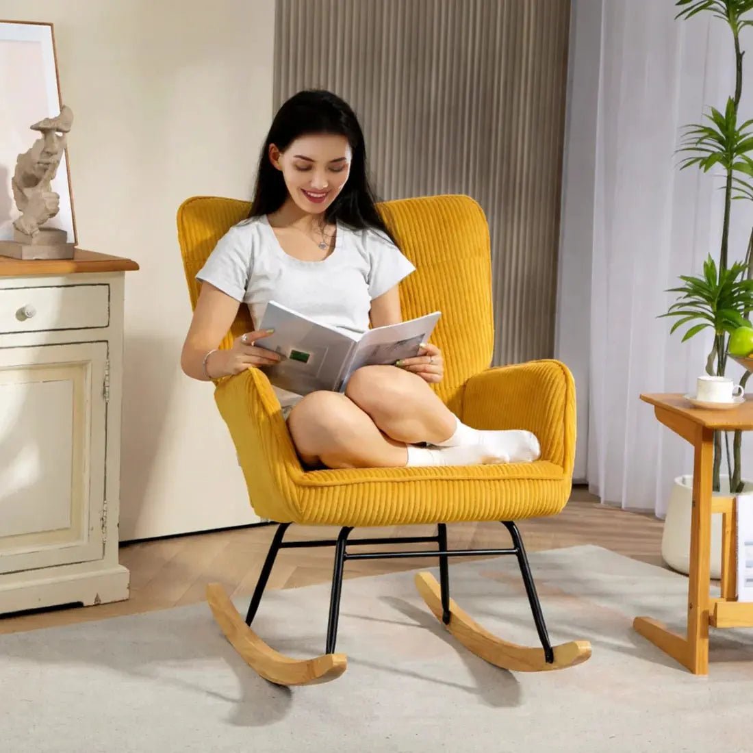 SOLIS – Rocking Chair Tissu Côtelé & Bois - Oscille