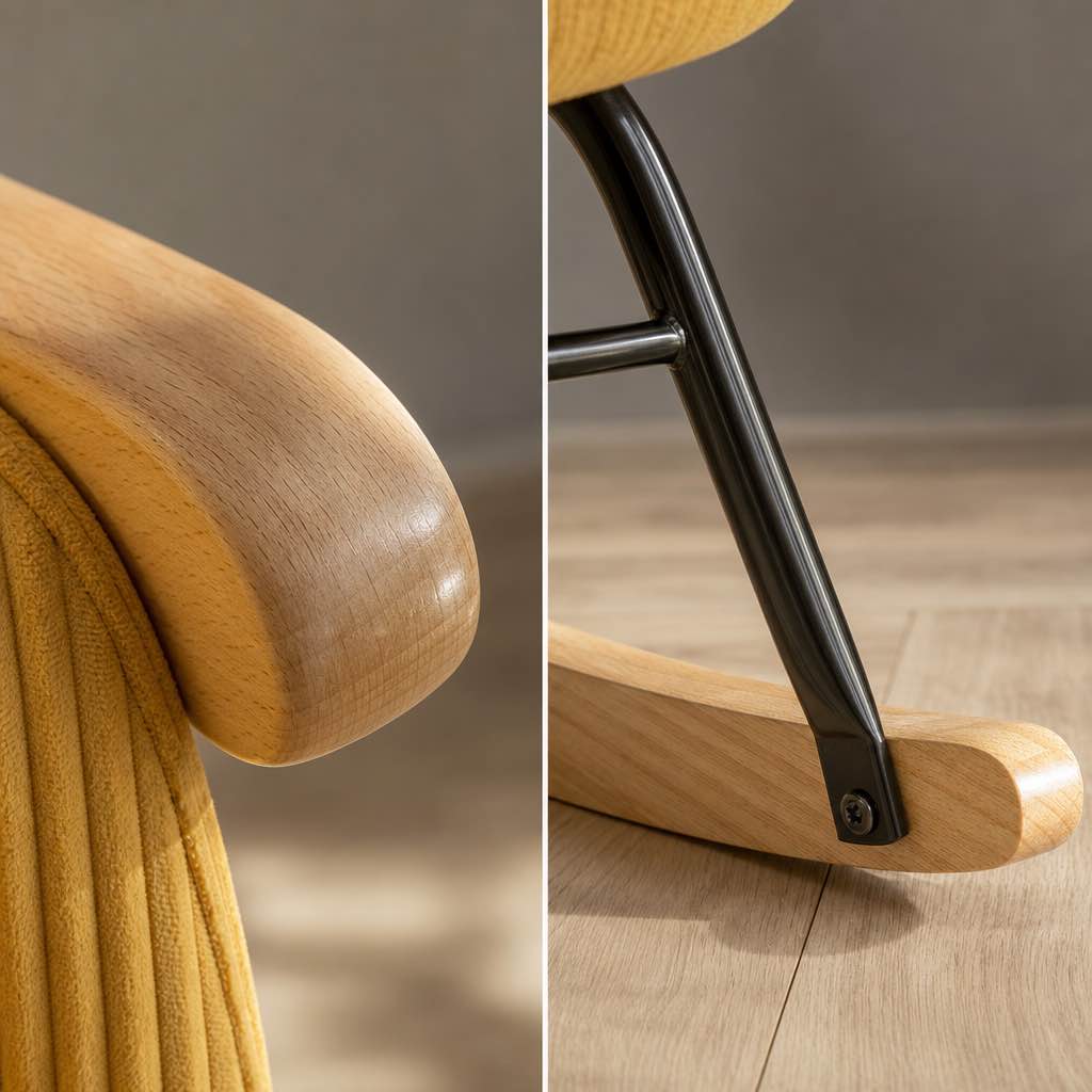 SOLIS - rocking chair jaune, détail de la structure en bois
