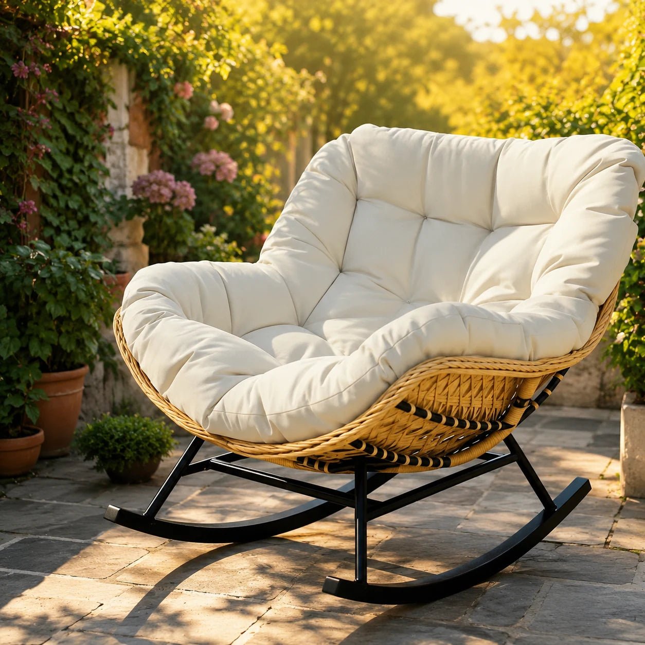 BALIA – Fauteuil à Bascule Papasan Rotin Plein & Coussin Épais