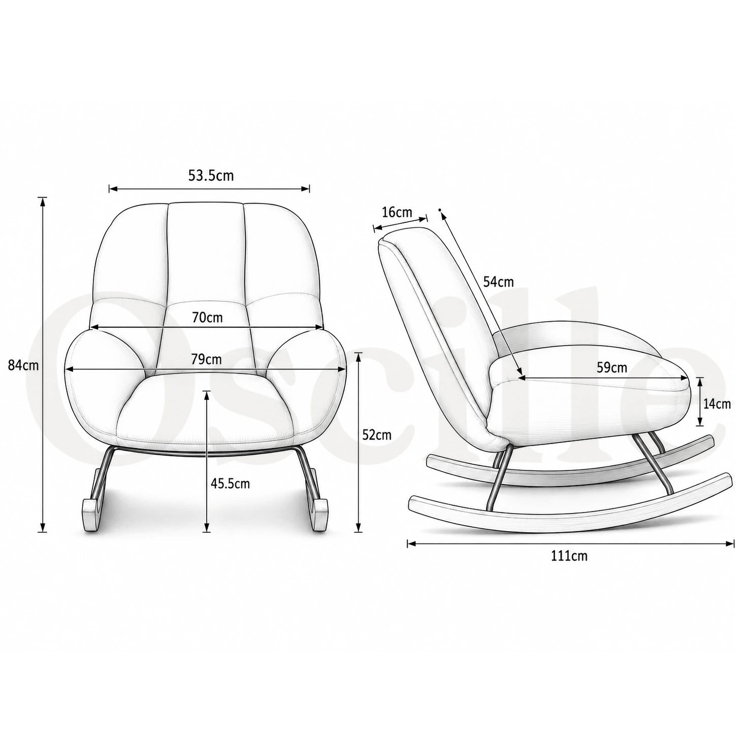 MERINO - fauteuil à bascule scandinave, schéma des dimensions