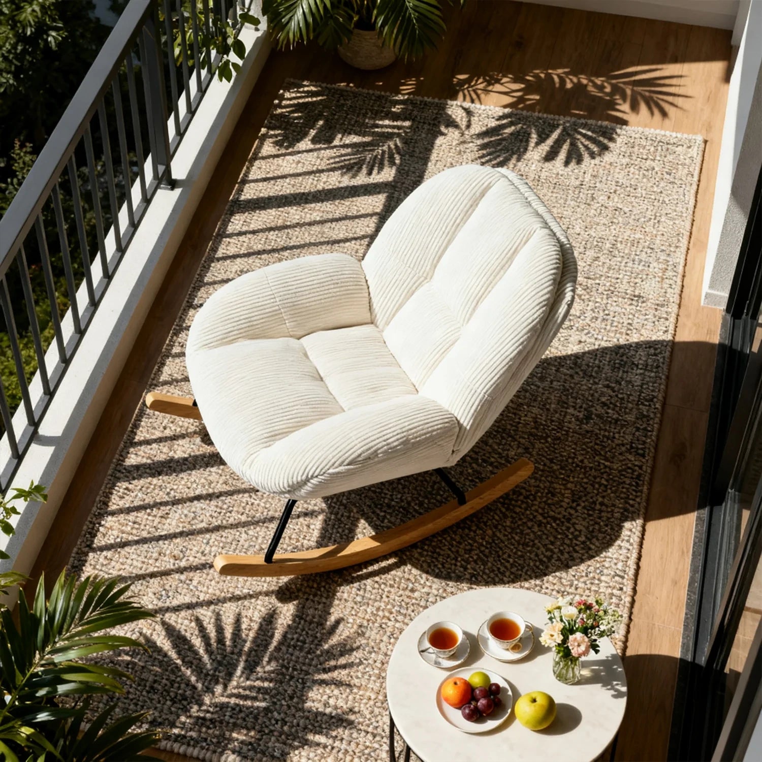 MERINO - fauteuil à bascule scandinave, ambiance balcon