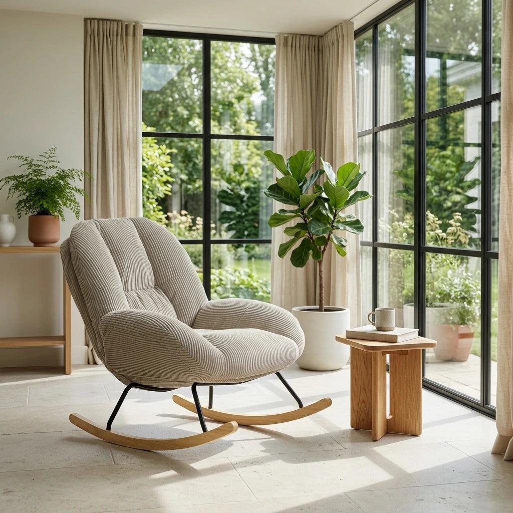 MERINO - fauteuil à bascule scandinave velours côtelé gris, salon