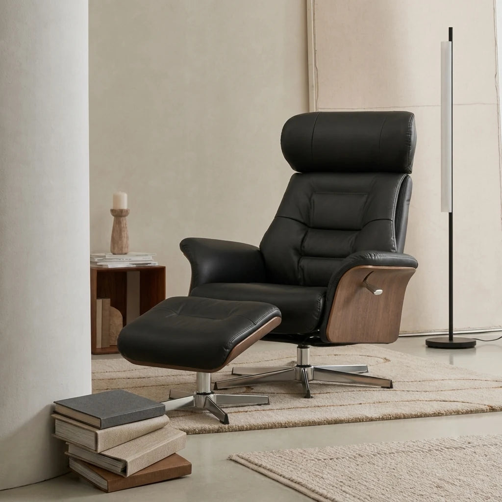 LAGOM – Fauteuil Relax Pivotant avec Repose-pieds et Têtière Réglable, Noir