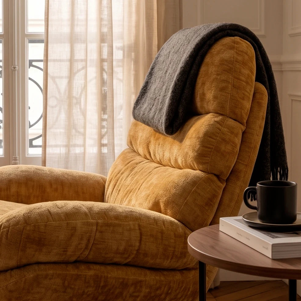 NESTA, rocking chair cocon en velours chenille, détail du dossier