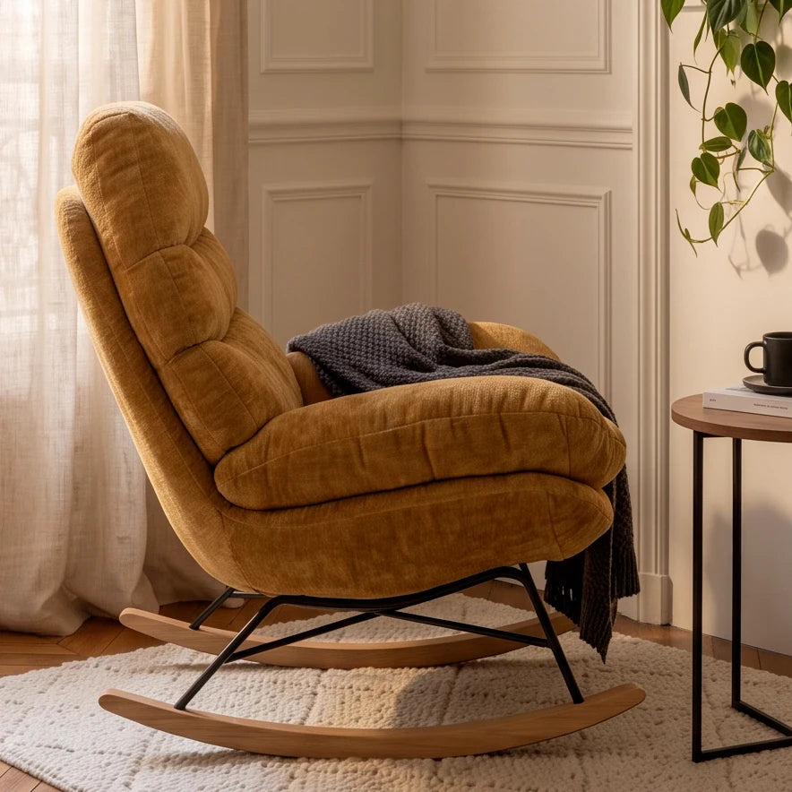 NESTA, rocking chair cocon en velours chenille, vue de profil