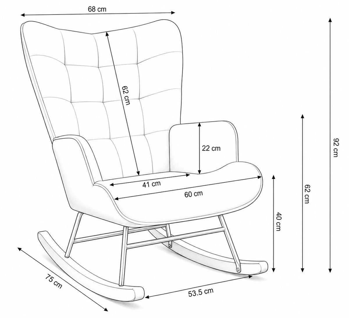 NUBELIA, rocking chair en tissu teddy rose, dimensions