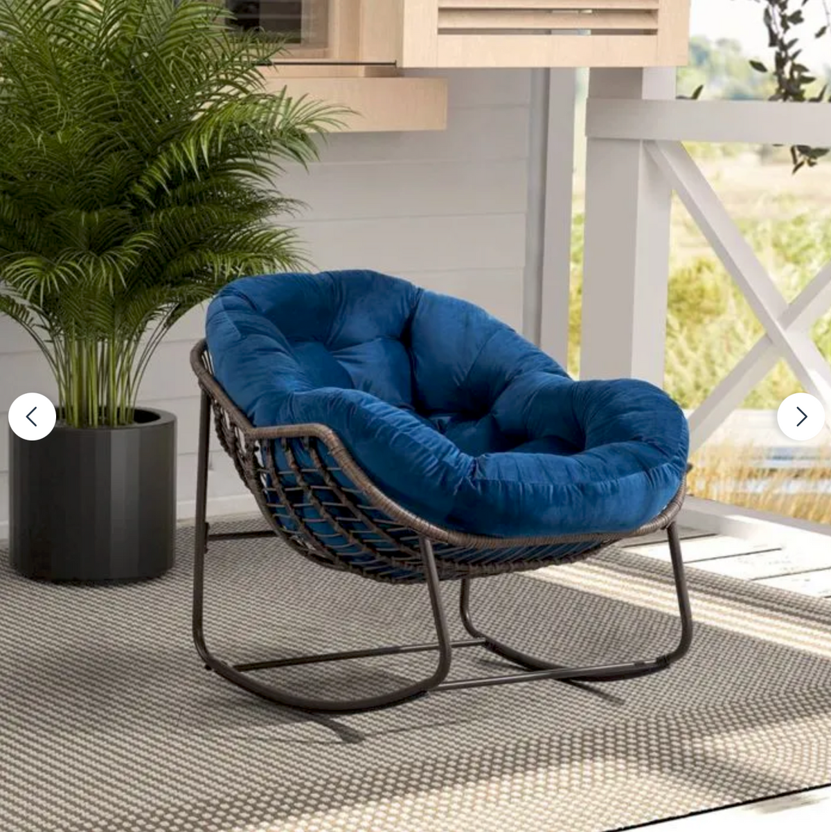 COCONA, fauteuil à bascule papasan en rotin et velours côtelé, vue d'ensemble