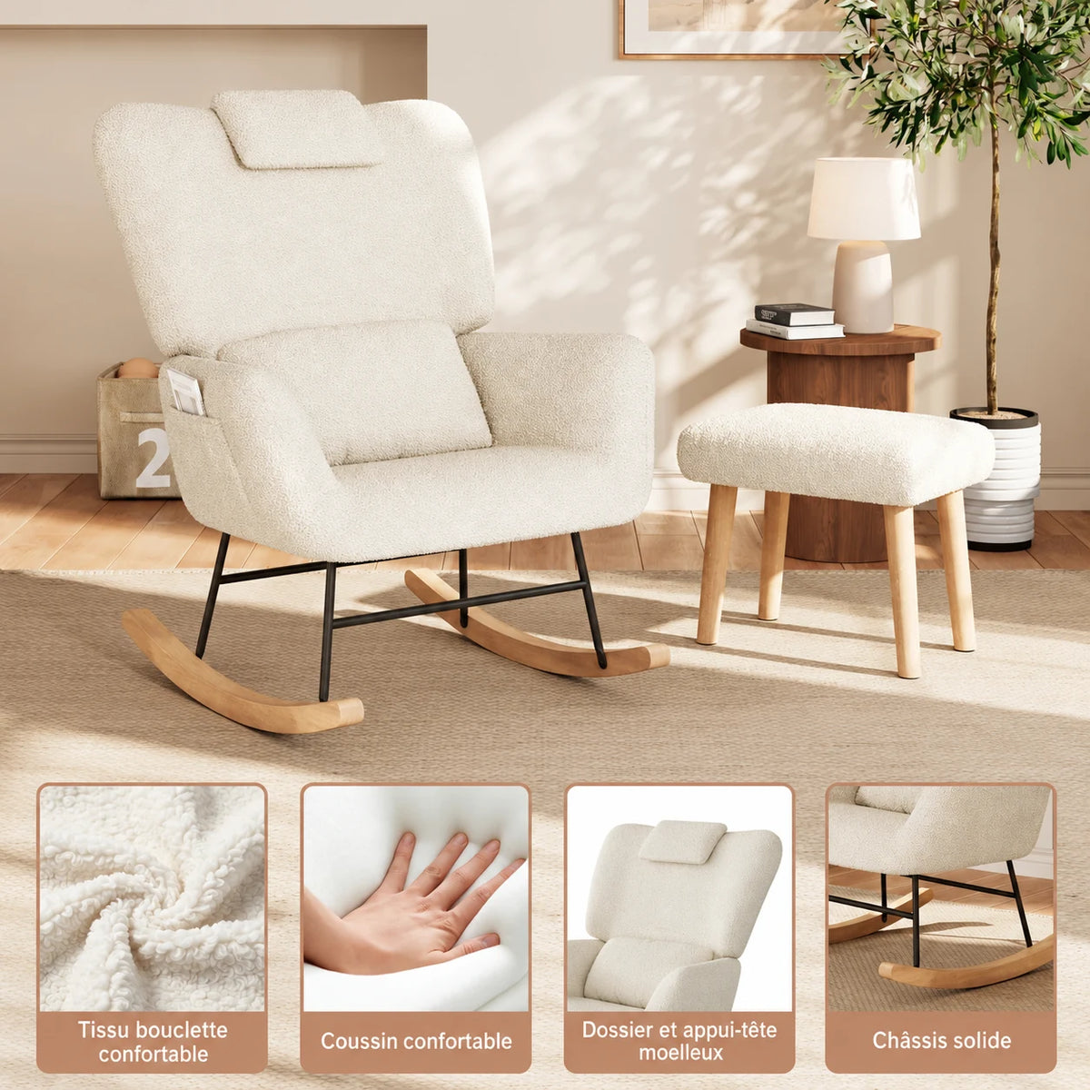 NELVA, rocking chair ergonomique allaitement en tissu teddy, photo 4