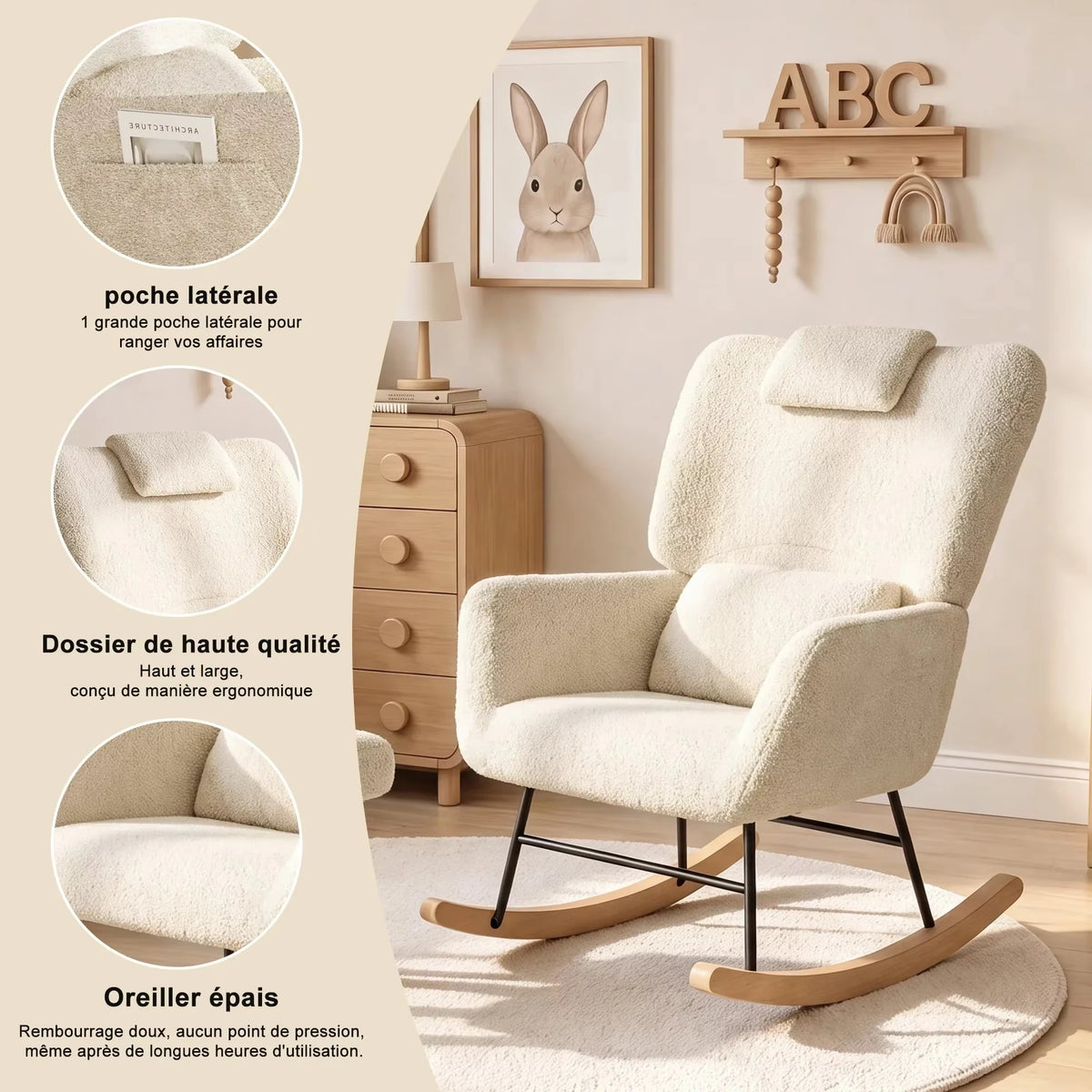 NELVA, rocking chair ergonomique allaitement en tissu teddy, photo 5