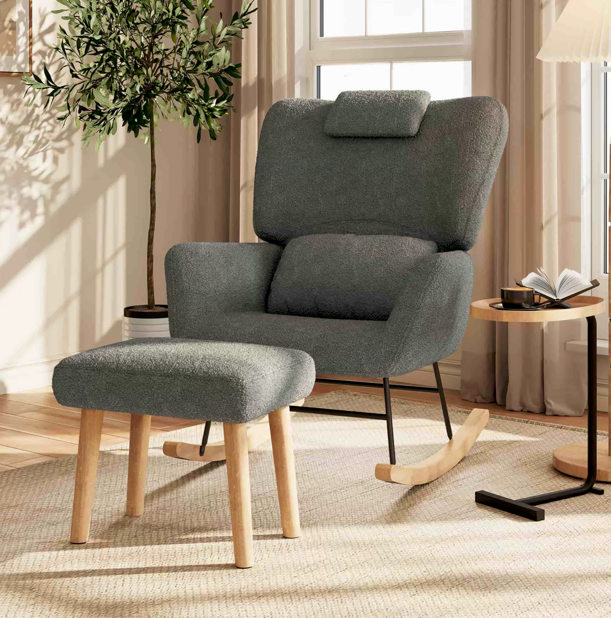 NELVA, rocking chair ergonomique allaitement en tissu teddy, coloris gris