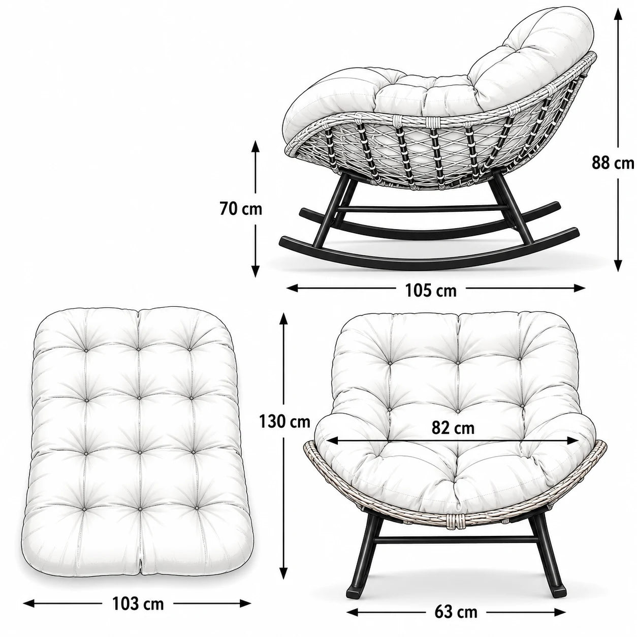 BALIA – Fauteuil à Bascule Papasan Rotin Plein & Coussin Épais