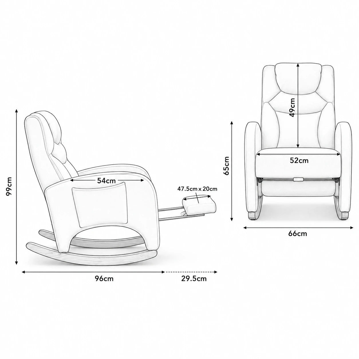 ONA – rocking chair teddy blanc allaitement, schéma des dimensions