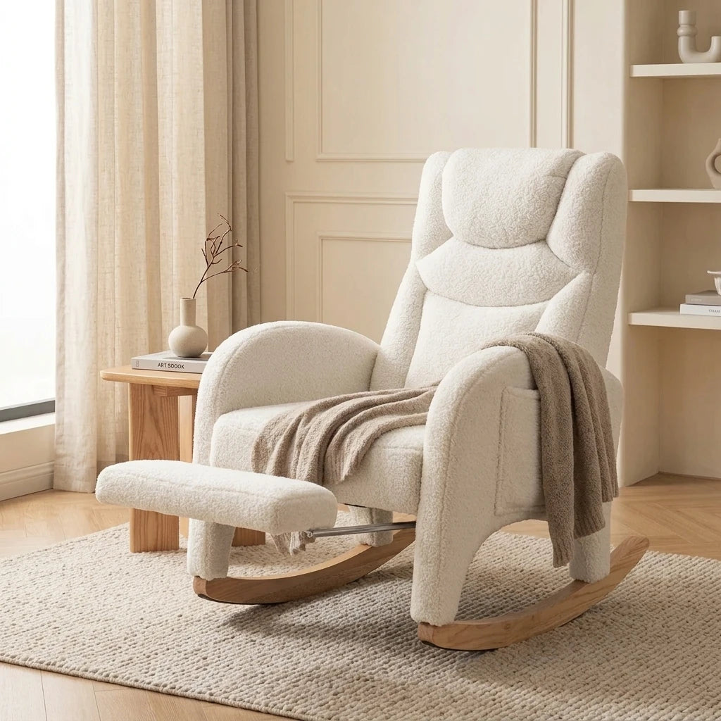 ONA – rocking chair d'allaitement en velours teddy crème avec repose-pieds, ambiance chambre bébé