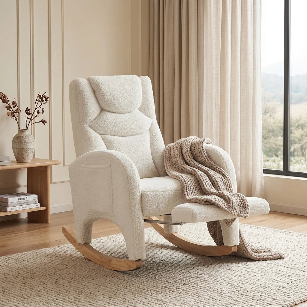 ONA – fauteuil à bascule teddy blanc pour l'allaitement, vue de face