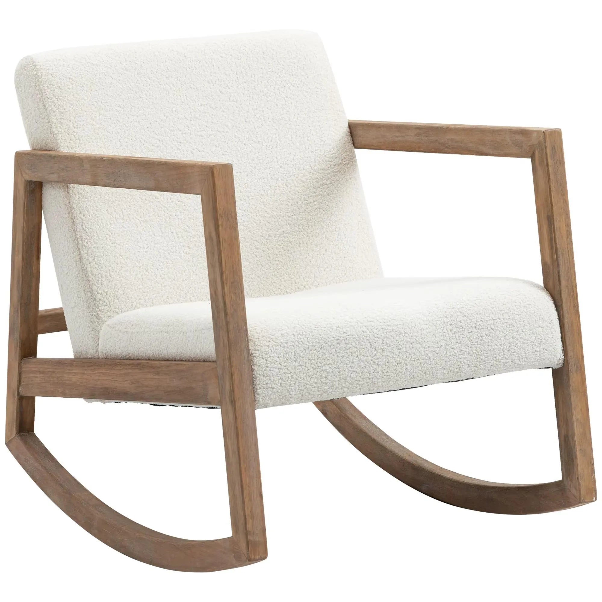 Rocking Chair Design Nordique en Bois d’Hévéa & Tissu Bouclette Crème | NORDEN
