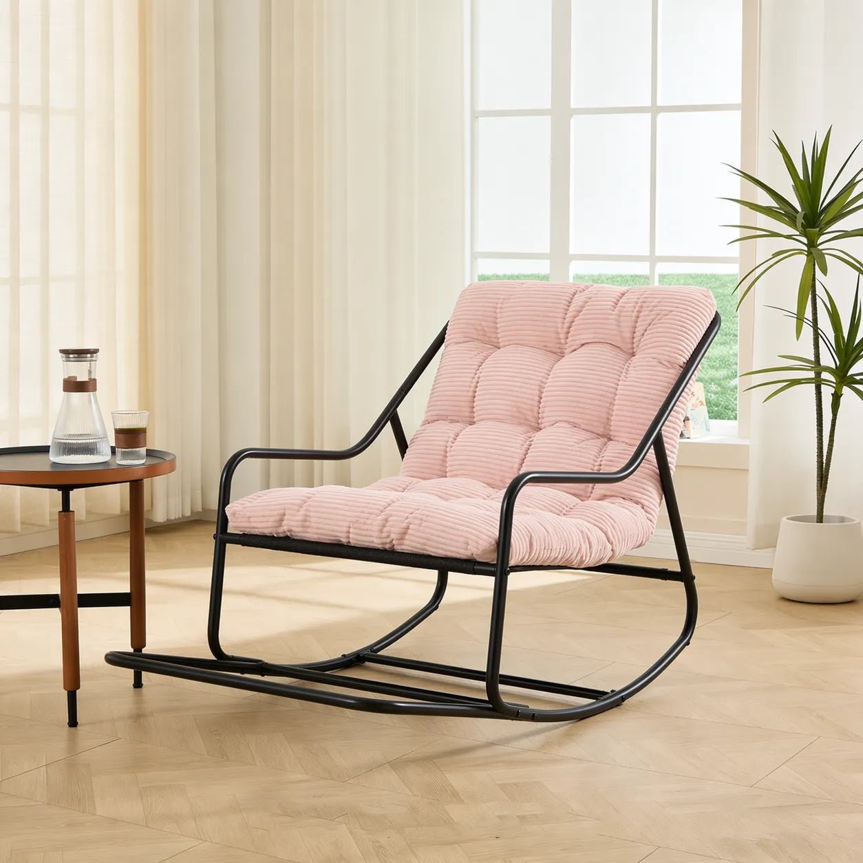 SVIKA - Tufted Corduroy Rocking Chair & Black Metal Frame