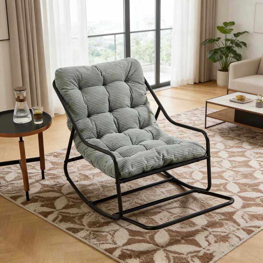 SVIKA - Tufted Corduroy Rocking Chair & Black Metal Frame
