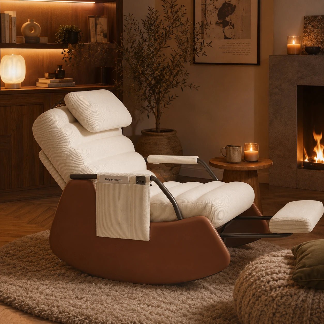 ALORA - Rocking Chair Design Velours Côtelé & Bois Massif