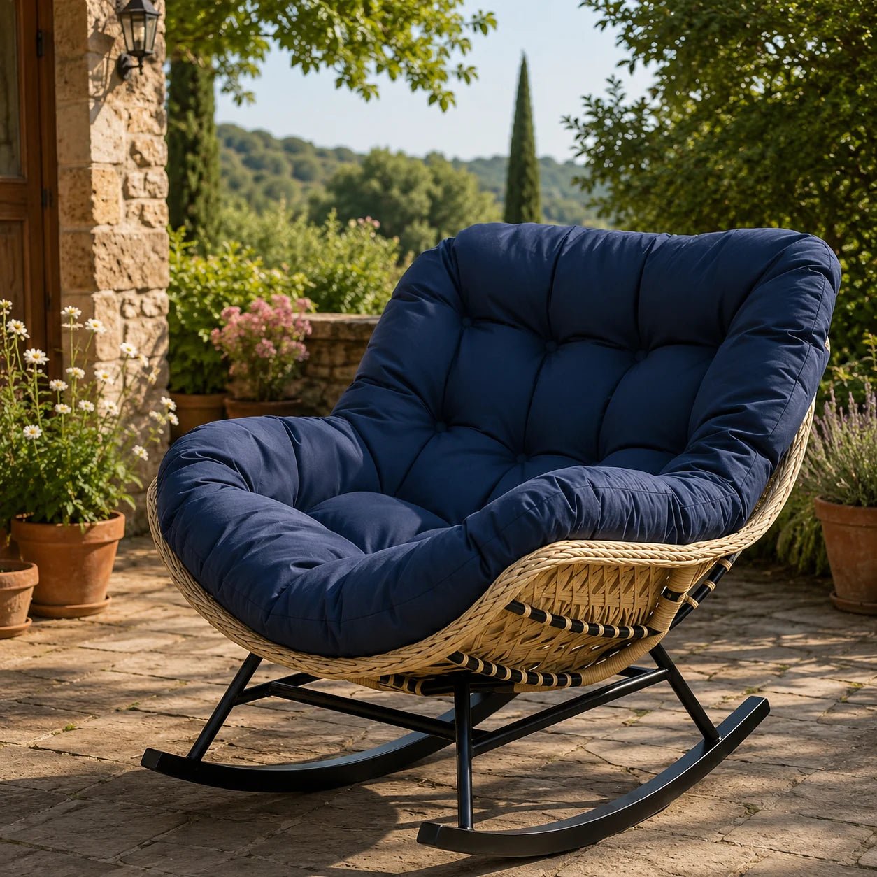 BALIA – Fauteuil à Bascule Papasan Rotin Plein & Coussin Épais