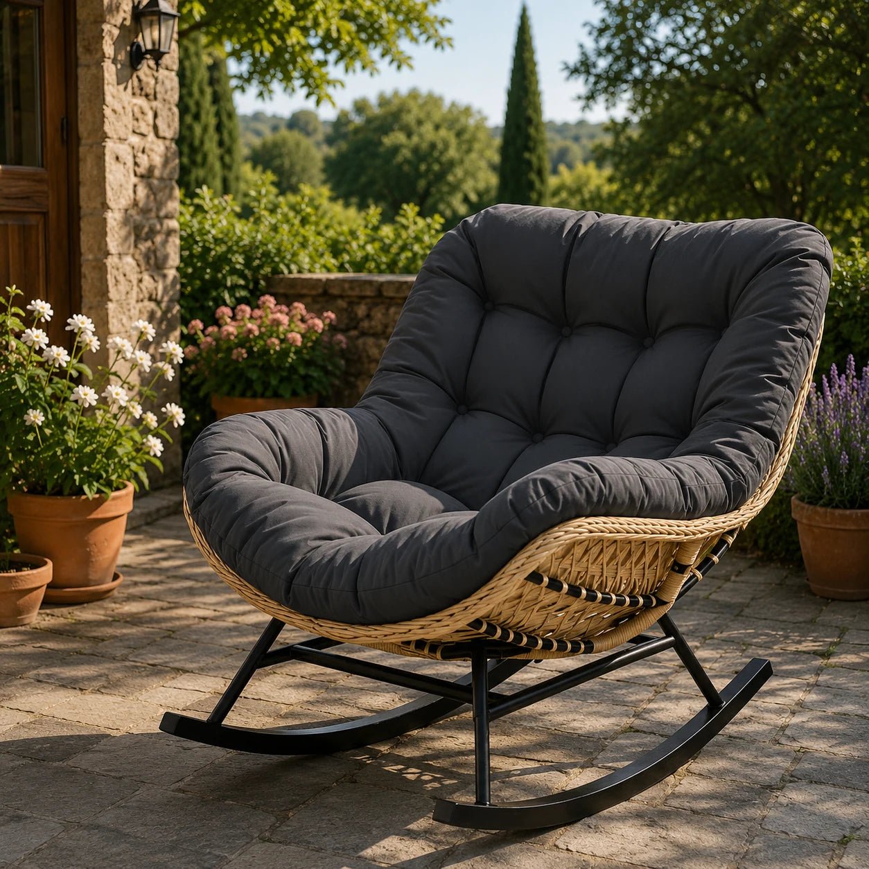 BALIA – Fauteuil à Bascule Papasan Rotin Plein & Coussin Épais