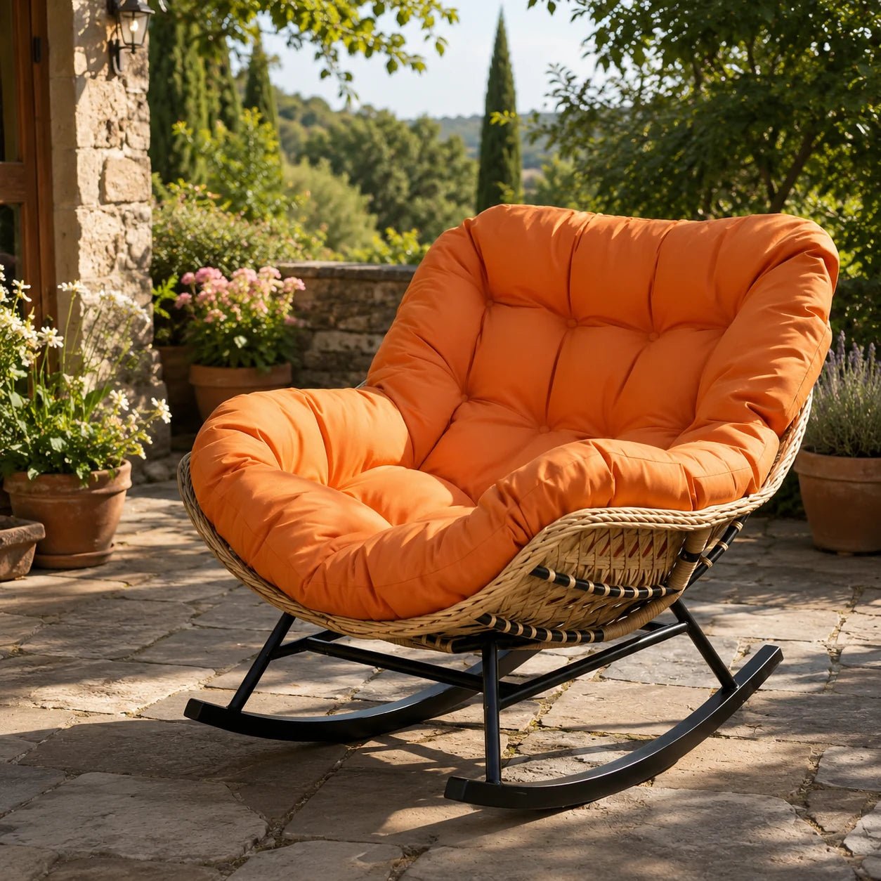 BALIA – Fauteuil à Bascule Papasan Rotin Plein & Coussin Épais