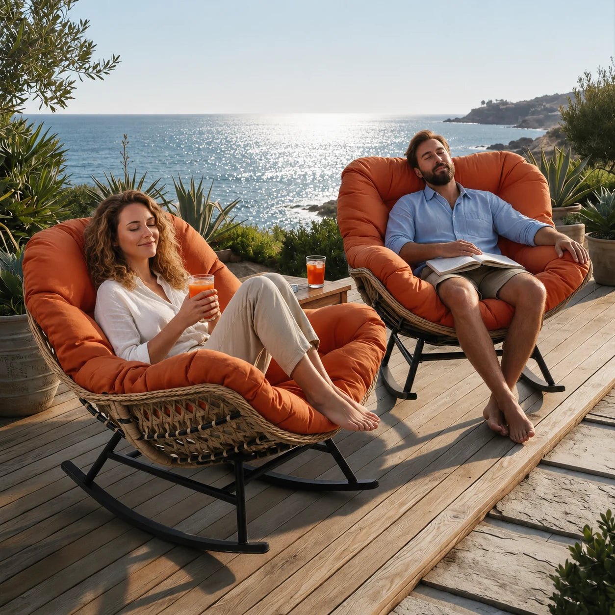 BALIA – Fauteuil à Bascule Papasan Rotin Plein & Coussin Épais