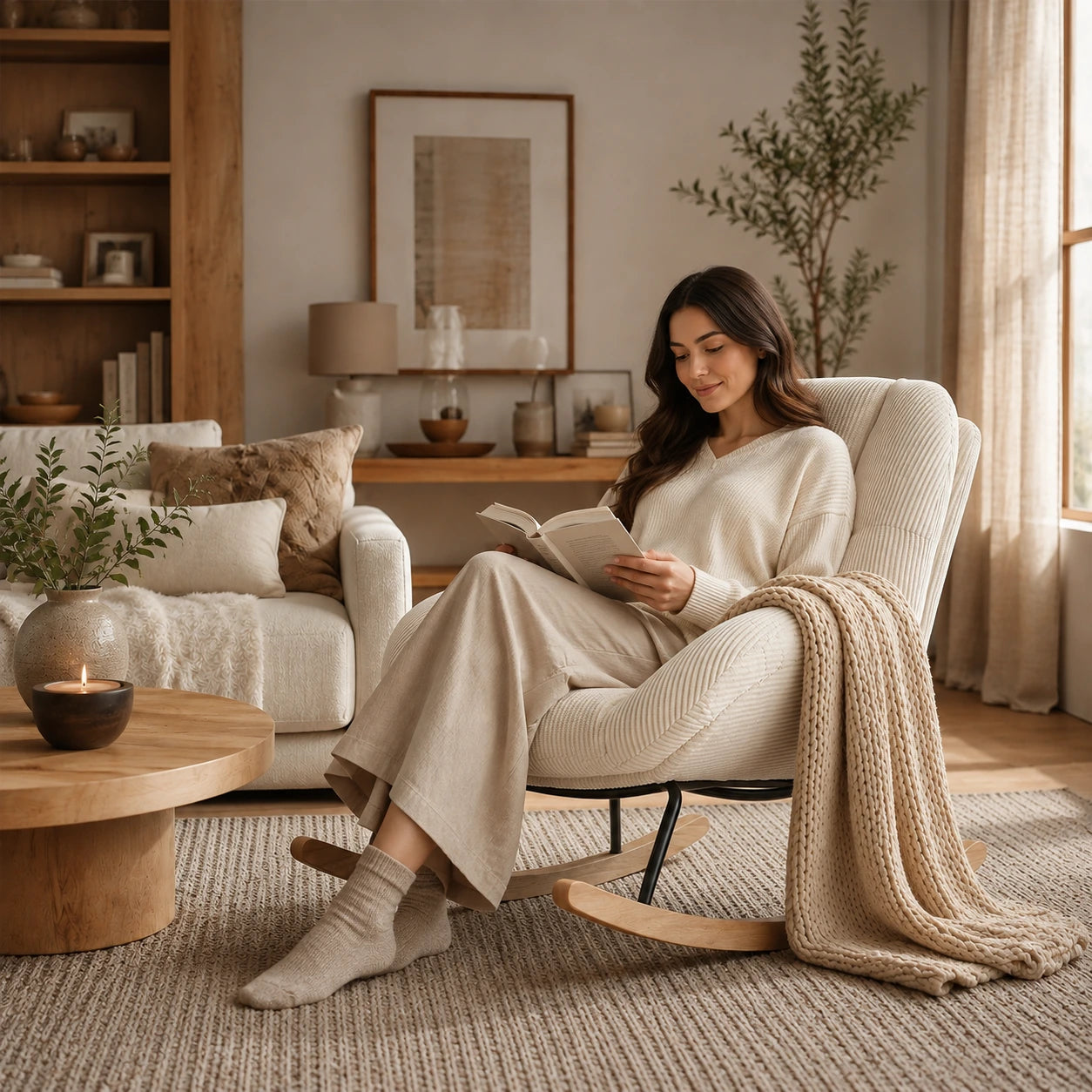 MERINO - fauteuil à bascule scandinave velours côtelé, coin lecture