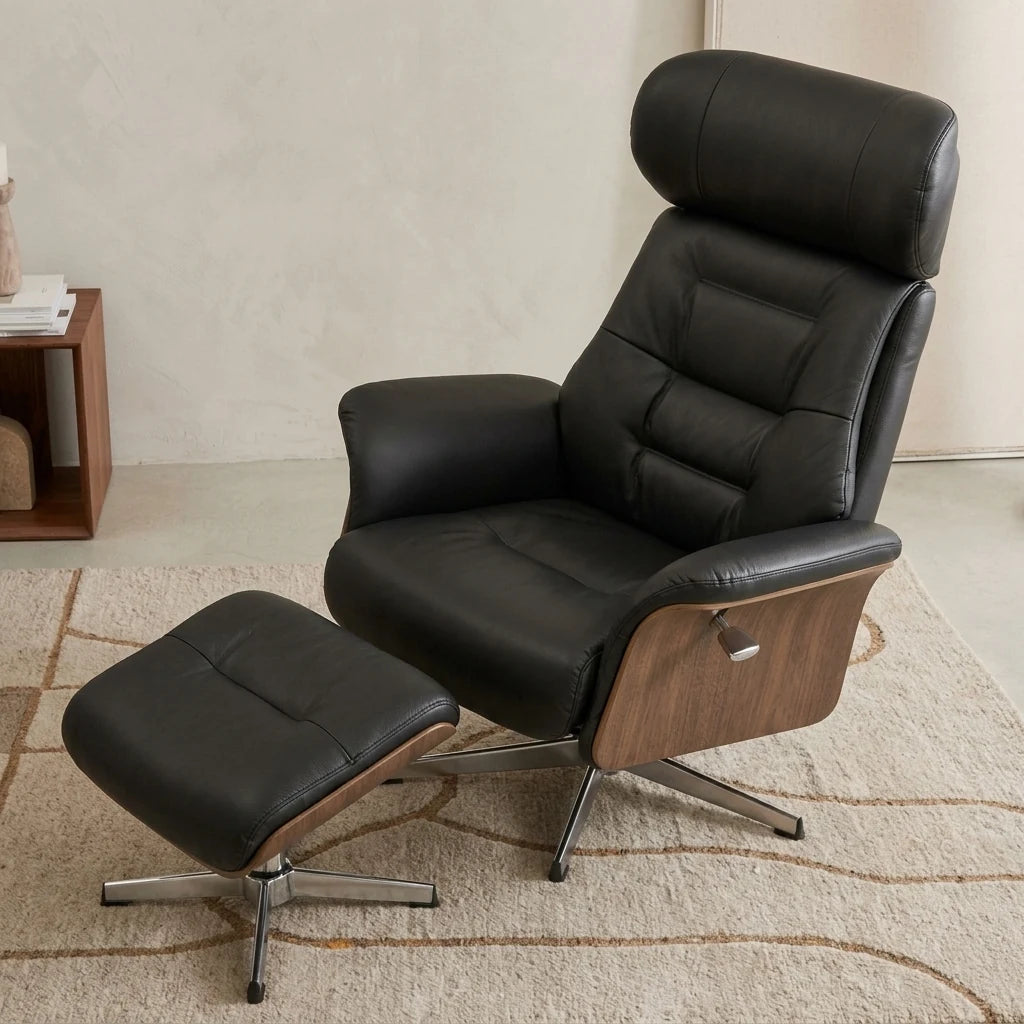 LAGOM – Fauteuil Relax Pivotant avec Repose-pieds et Têtière Réglable, Noir