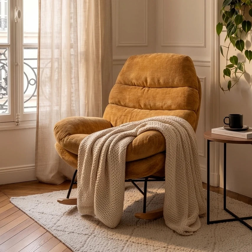 NESTA, rocking chair cocon en velours chenille, mise en situation dans un salon