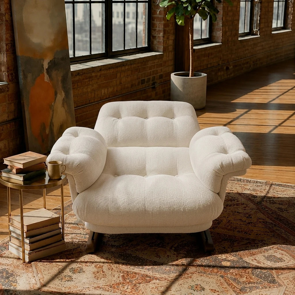 NIMBA - rocking chair cocon XXL blanc crème, capitonnage à boutons
