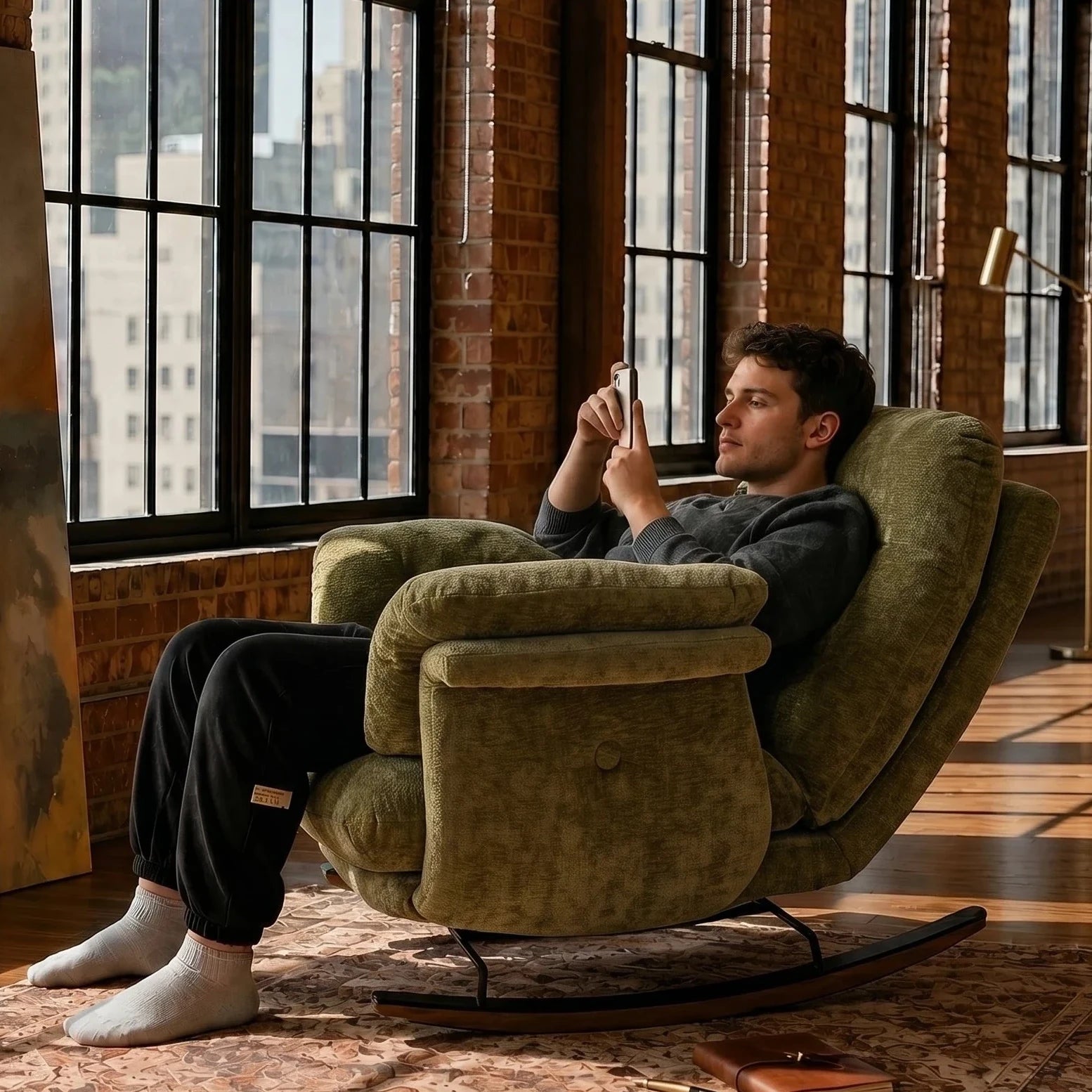 NIMBA - rocking chair cocon XXL chenille vert olive, en situation