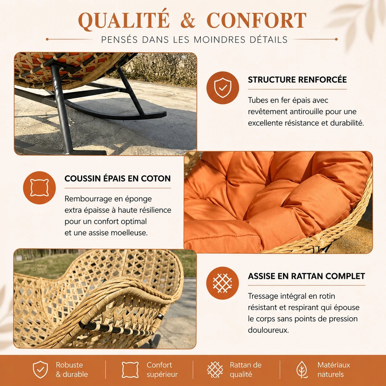 BALIA – Fauteuil à Bascule Papasan Rotin Plein & Coussin Épais