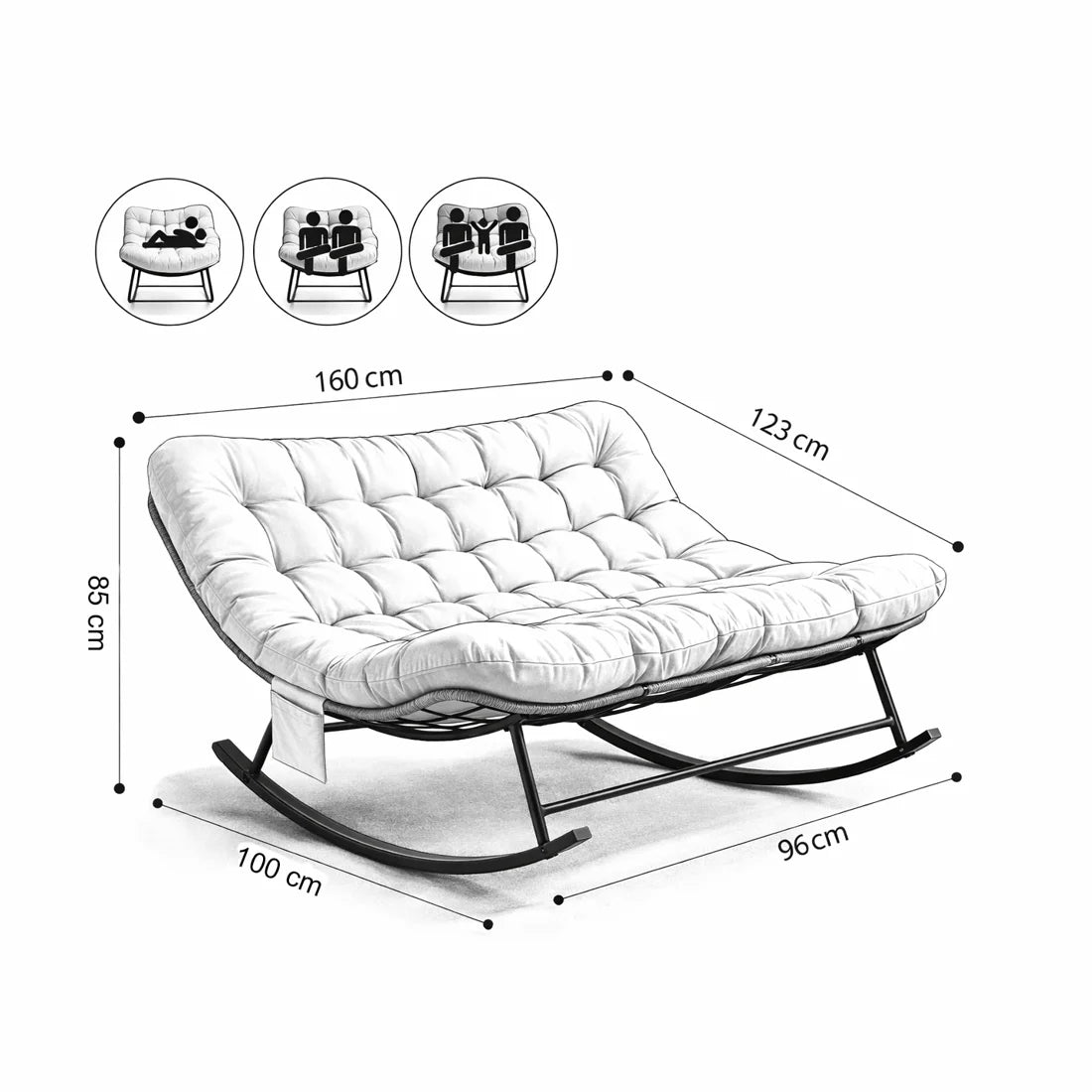 DOVA - Rocking Chair Rotin 2 Places Coussin XXL - Oscille