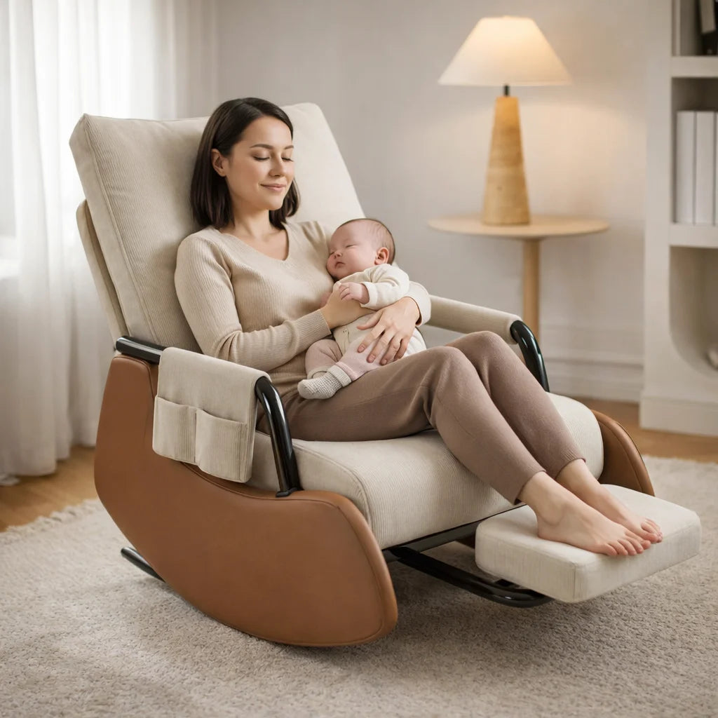 Fauteuil à bascule d’allaitement en velours côtelé Dossier Ajustable et repose-pieds | ALORA