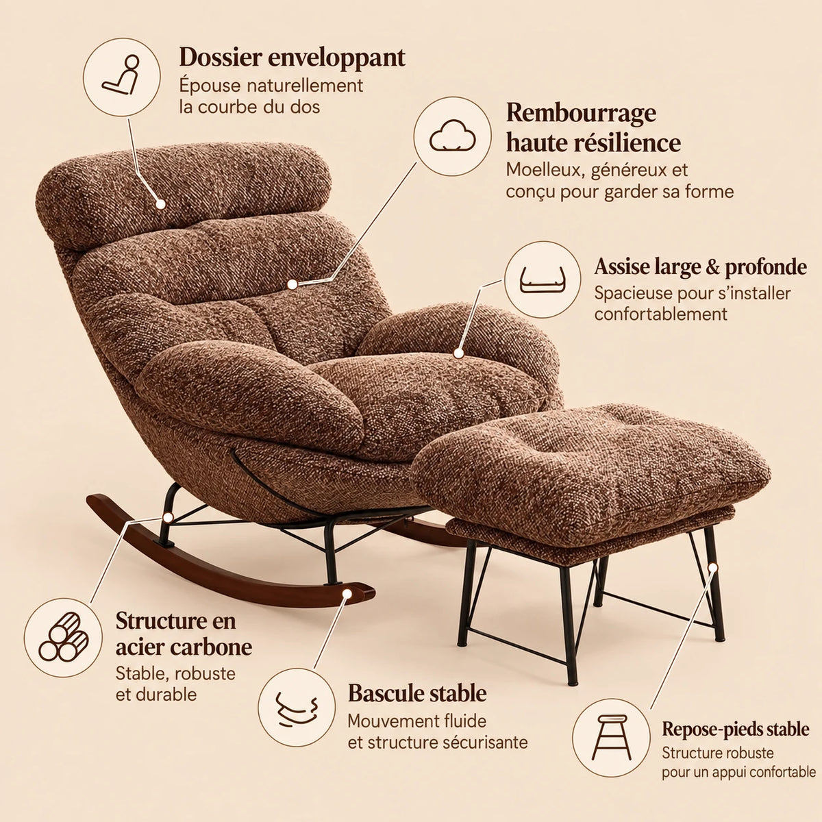 BOUNCI - Rocking Chair Lounge XXL Ultra Rembourré avec Repose-Pieds