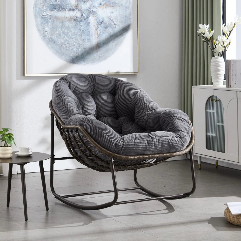COCONA – Fauteuil à Bascule Papasan Rotin & Velours Côtelé
