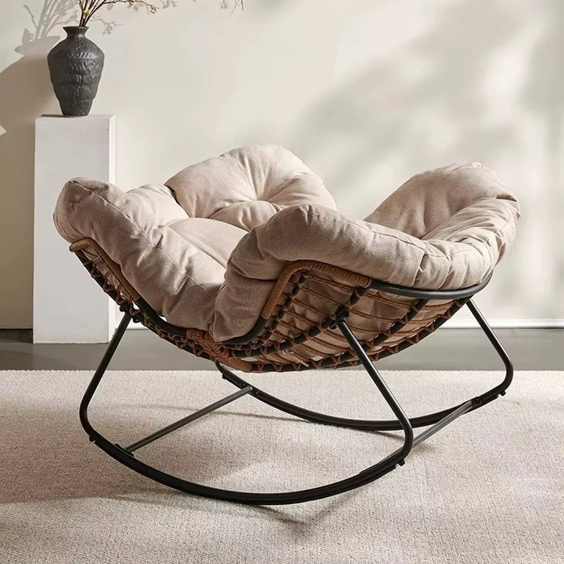 NESTA - Rocking Chair Cocon Rotin & Coussin XXL - Oscille