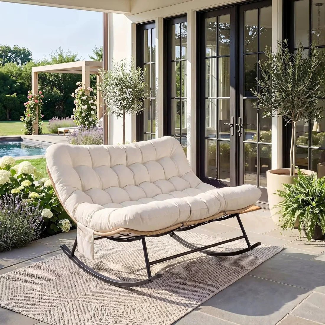 DOVA - Rocking Chair Rotin 2 Places Coussin XXL - Oscille