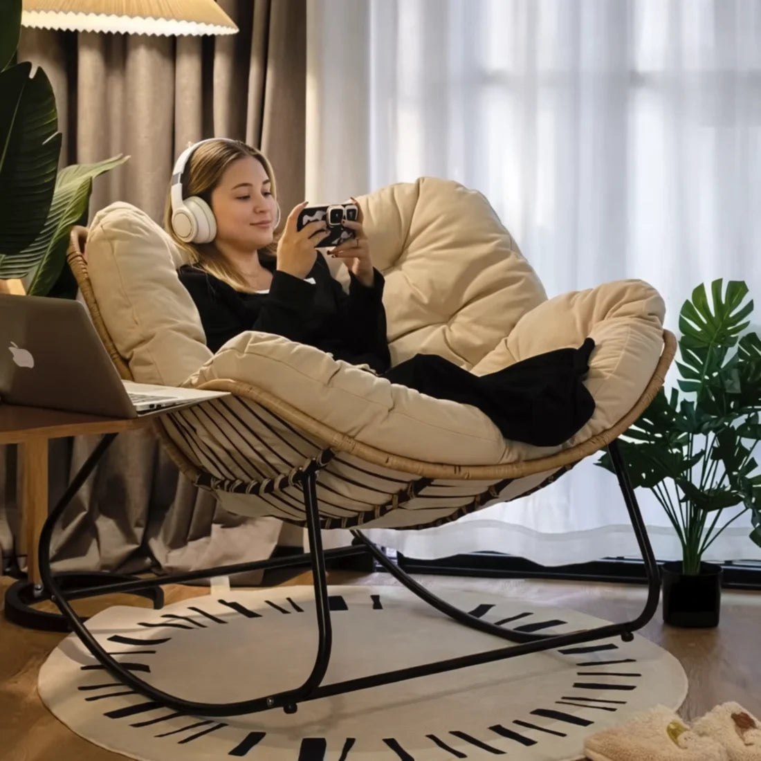 NESTA - Rocking Chair Cocon Rotin & Coussin XXL - Oscille