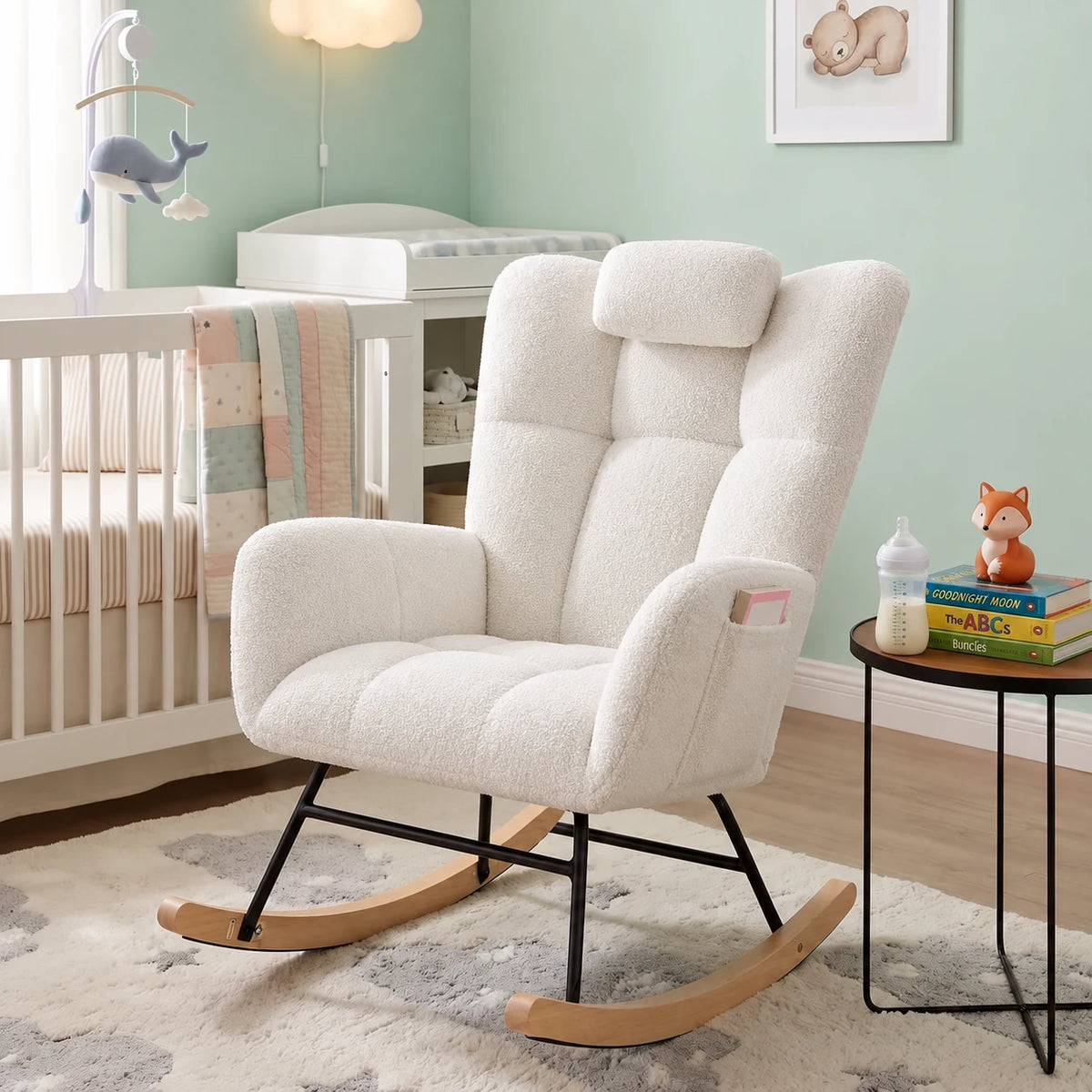 ROVKA, rocking chair allaitement en tissu teddy, coloris blanc