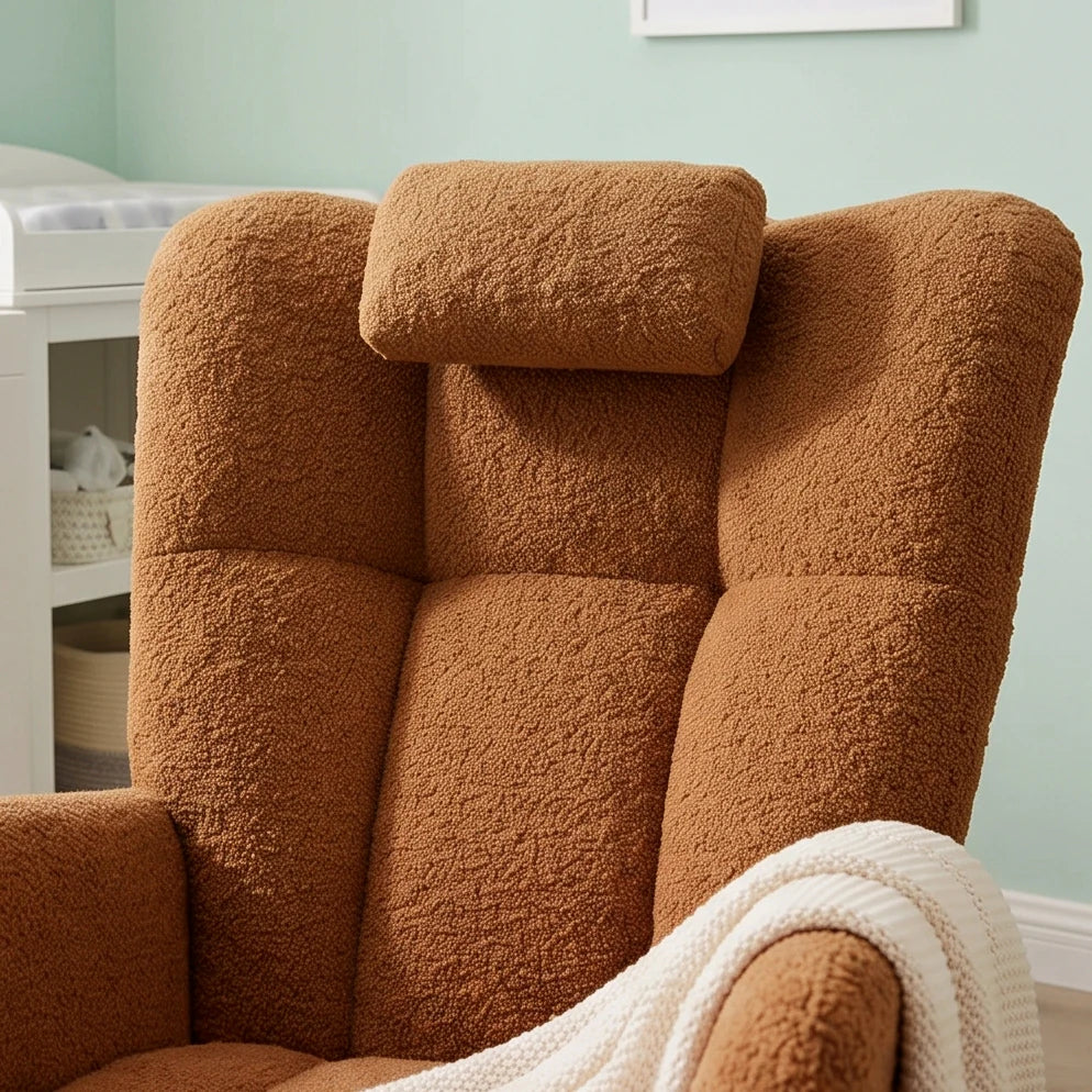 ROVKA, rocking chair allaitement en tissu teddy, détail du dossier