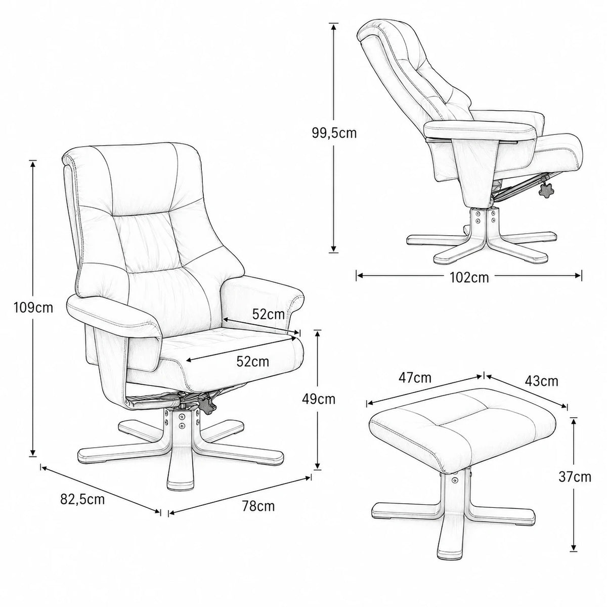 TOVA – Fauteuil Relax Inclinable 135° Pivotant avec Repose-pieds, Microfibre Marron